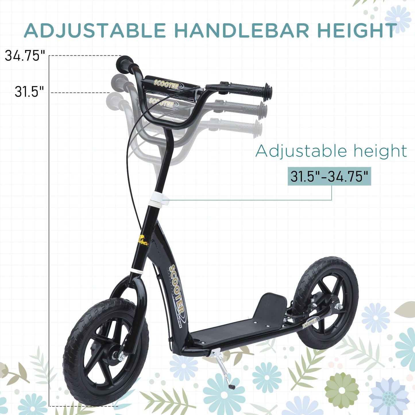 HOMCOM Kick Scooter for Kids 5-12 Years Old with Adjustable Height Handlebar, Non-slip Footplate, Big Wheels, Rear Brake, Black