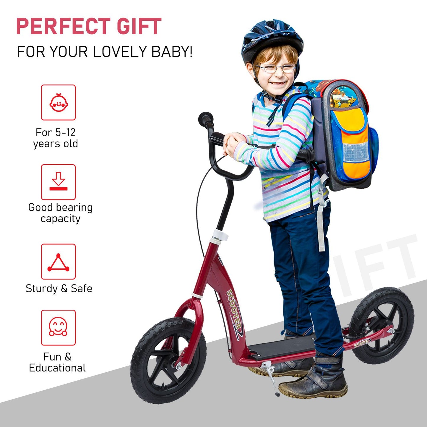 HOMCOM Kick Scooter for Kids 5-12 Years Old with Adjustable Height Handlebar, Non-slip Footplate, Big Wheels, Rear Brake, Red