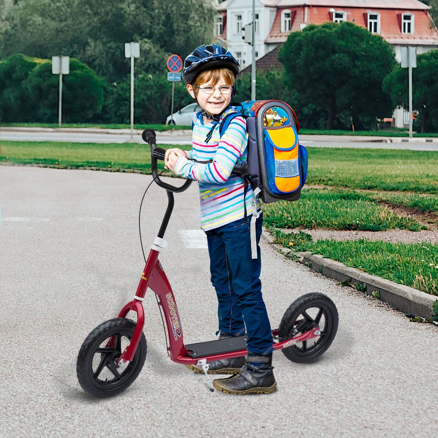 HOMCOM Kick Scooter for Kids 5-12 Years Old with Adjustable Height Handlebar, Non-slip Footplate, Big Wheels, Rear Brake, Red