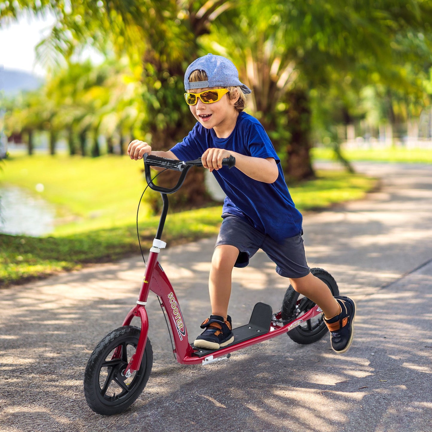HOMCOM Kick Scooter for Kids 5-12 Years Old with Adjustable Height Handlebar, Non-slip Footplate, Big Wheels, Rear Brake, Red