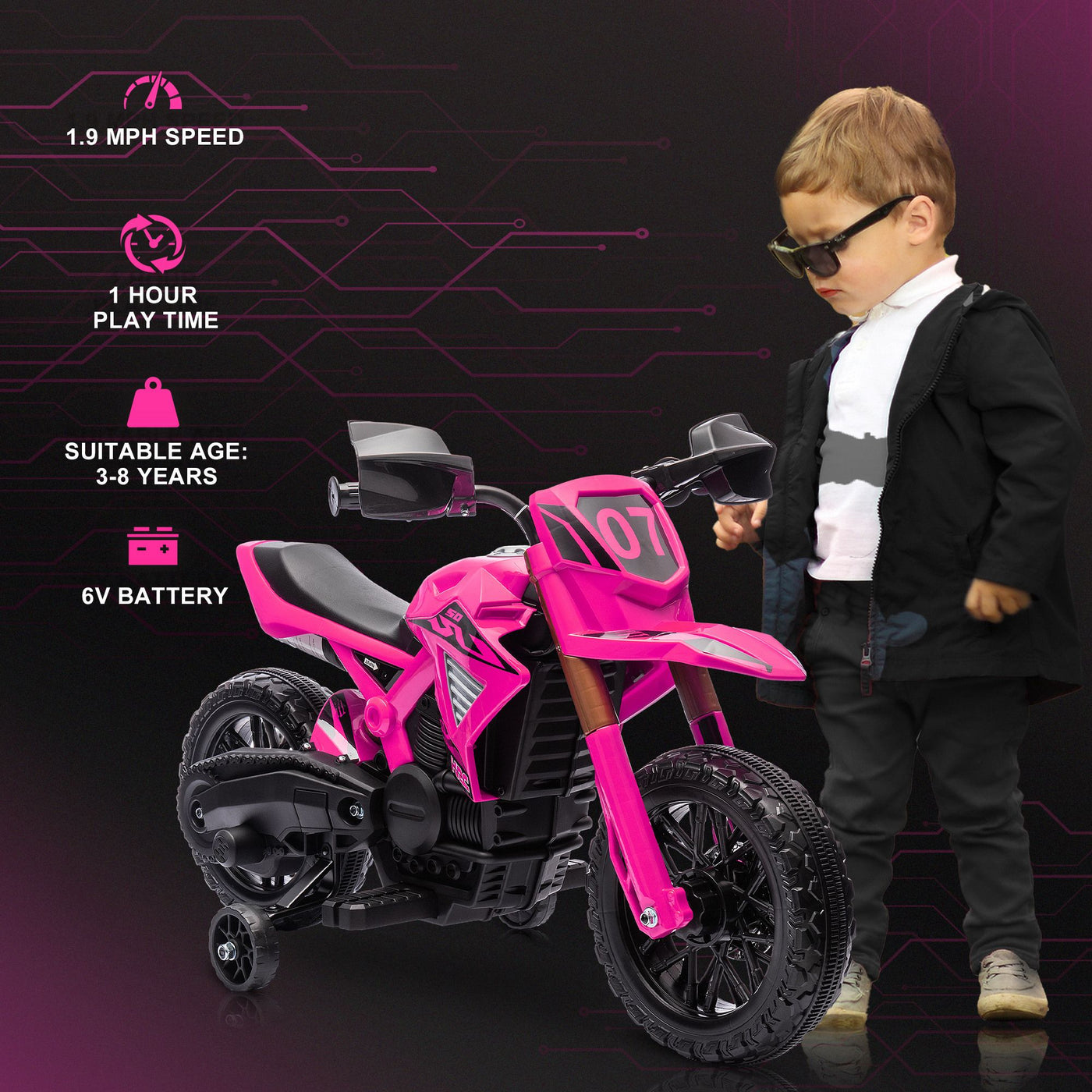 Qaba Kids Motorcycle, 6V Battery Powered Dirt Bike with Training Wheels, Horn & Start Sound, Electric Motorcycle for Kids 3-8 Years, Pink
