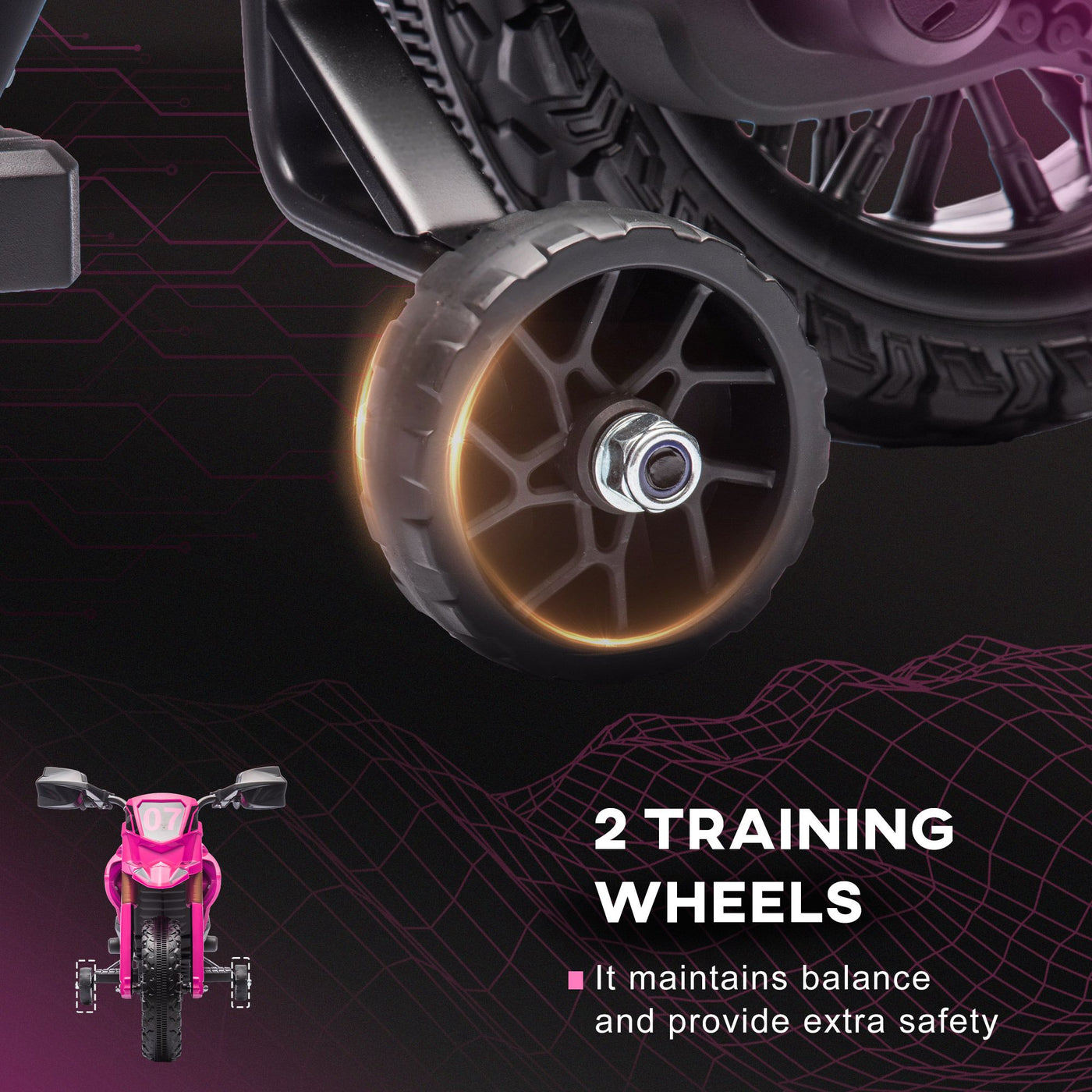 Qaba Kids Motorcycle, 6V Battery Powered Dirt Bike with Training Wheels, Horn & Start Sound, Electric Motorcycle for Kids 3-8 Years, Pink