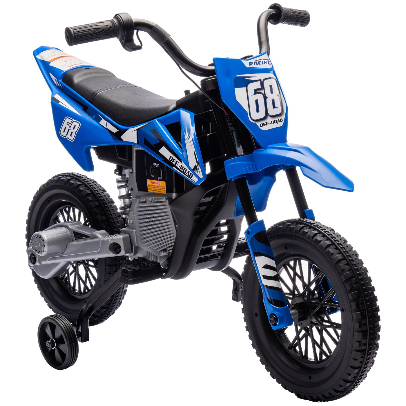 Qaba Kids Dirt Bike with Twist Grip Throttle, 12V Electric Motorcycle, Electric Bike for Toddler with Training Wheels, Rear Suspension & Music, Blue