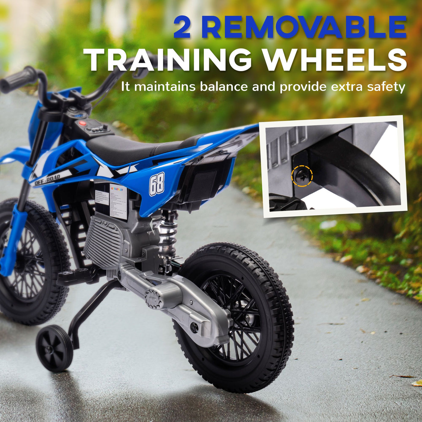 Qaba Kids Dirt Bike with Twist Grip Throttle, 12V Electric Motorcycle, Electric Bike for Toddler with Training Wheels, Rear Suspension & Music, Blue