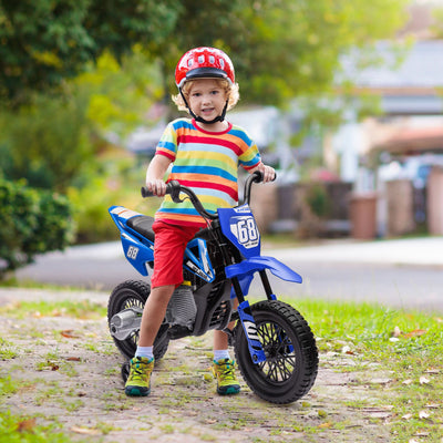 Qaba Kids Dirt Bike with Twist Grip Throttle, 12V Electric Motorcycle, Electric Bike for Toddler with Training Wheels, Rear Suspension & Music, Blue