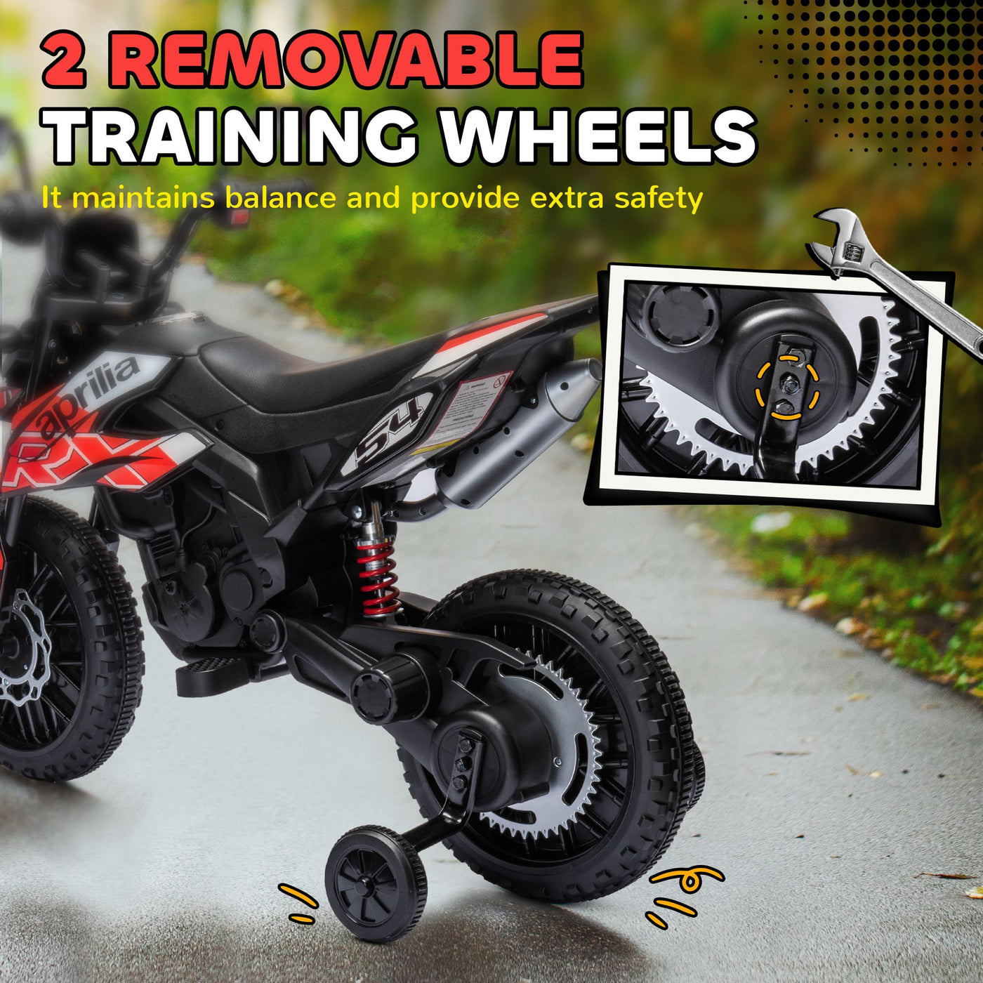 Qaba 12V Kids Motorcycle, Aprilia Licenced Electric Motorcycle for Kids with Training Wheels, Spring Suspension, LED Light, USB, Music, Battery Powered Electric Dirt Bike for Boys Girls, Red