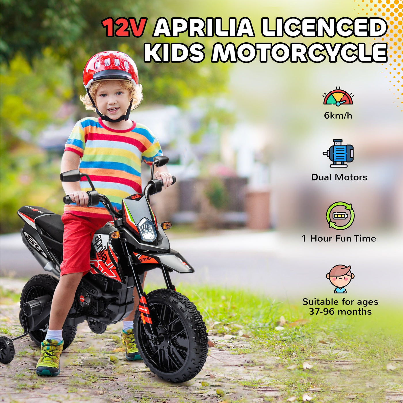 Qaba 12V Kids Motorcycle, Aprilia Licenced Electric Motorcycle for Kids with Training Wheels, Spring Suspension, LED Light, USB, Music, Battery Powered Electric Dirt Bike for Boys Girls, Red