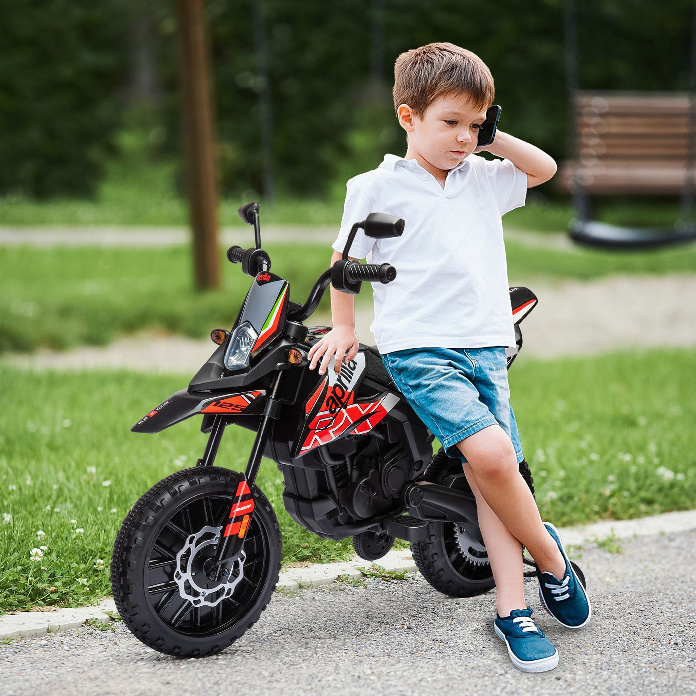 Qaba 12V Kids Motorcycle, Aprilia Licenced Electric Motorcycle for Kids with Training Wheels, Spring Suspension, LED Light, USB, Music, Battery Powered Electric Dirt Bike for Boys Girls, Red
