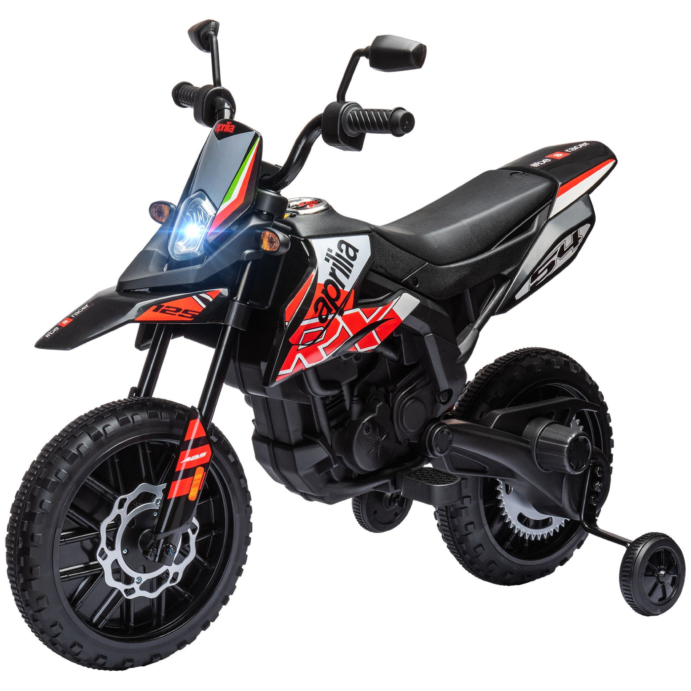 Qaba 12V Kids Motorcycle, Aprilia Licenced Electric Motorcycle for Kids with Training Wheels, Spring Suspension, LED Light, USB, Music, Battery Powered Electric Dirt Bike for Boys Girls, Red