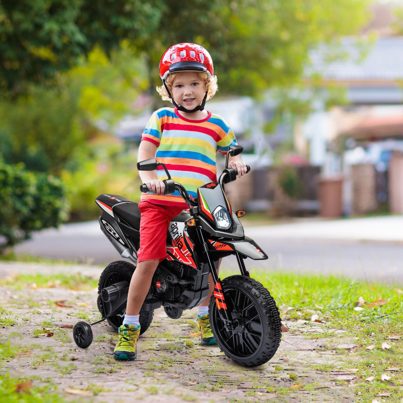 Qaba 12V Kids Motorcycle, Aprilia Licenced Electric Motorcycle for Kids with Training Wheels, Spring Suspension, LED Light, USB, Music, Battery Powered Electric Dirt Bike for Boys Girls, Red