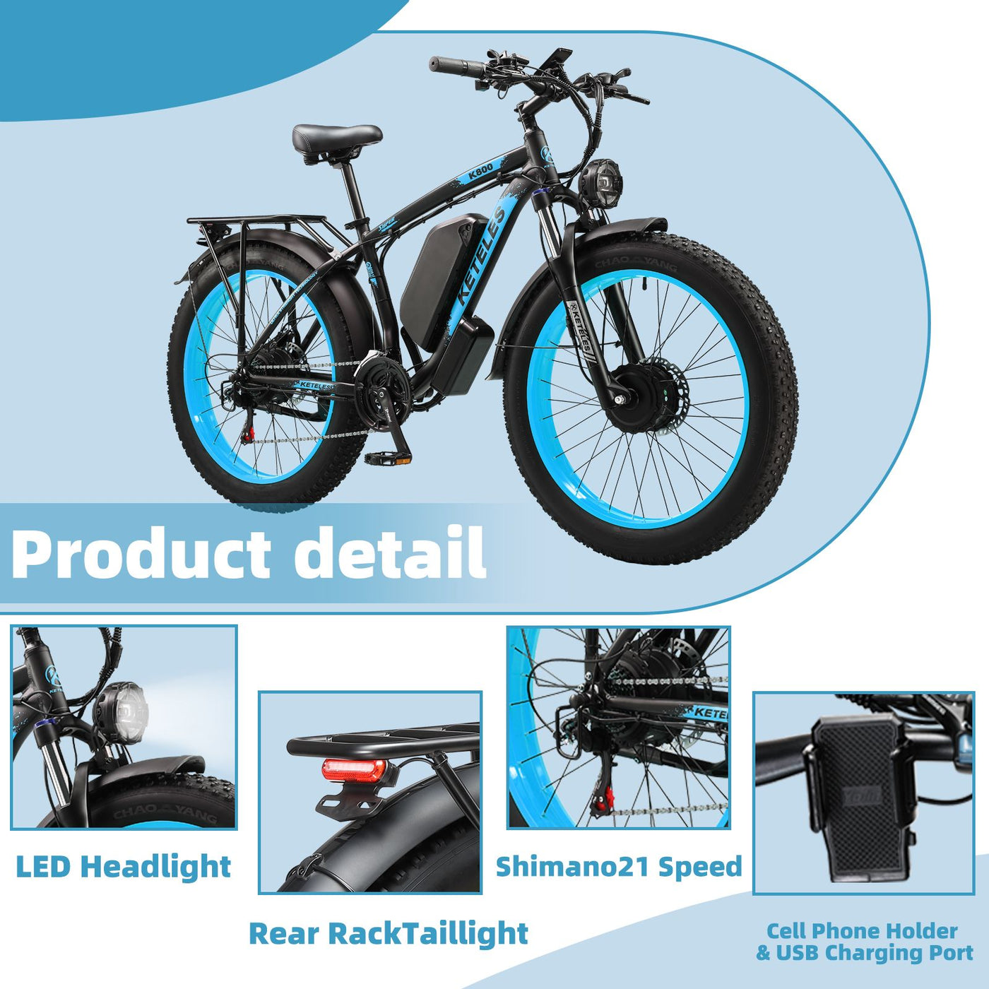 Electric Bike KETELES 48V 23AH Dual Motor 1000W*2 26"*4.0 MTB