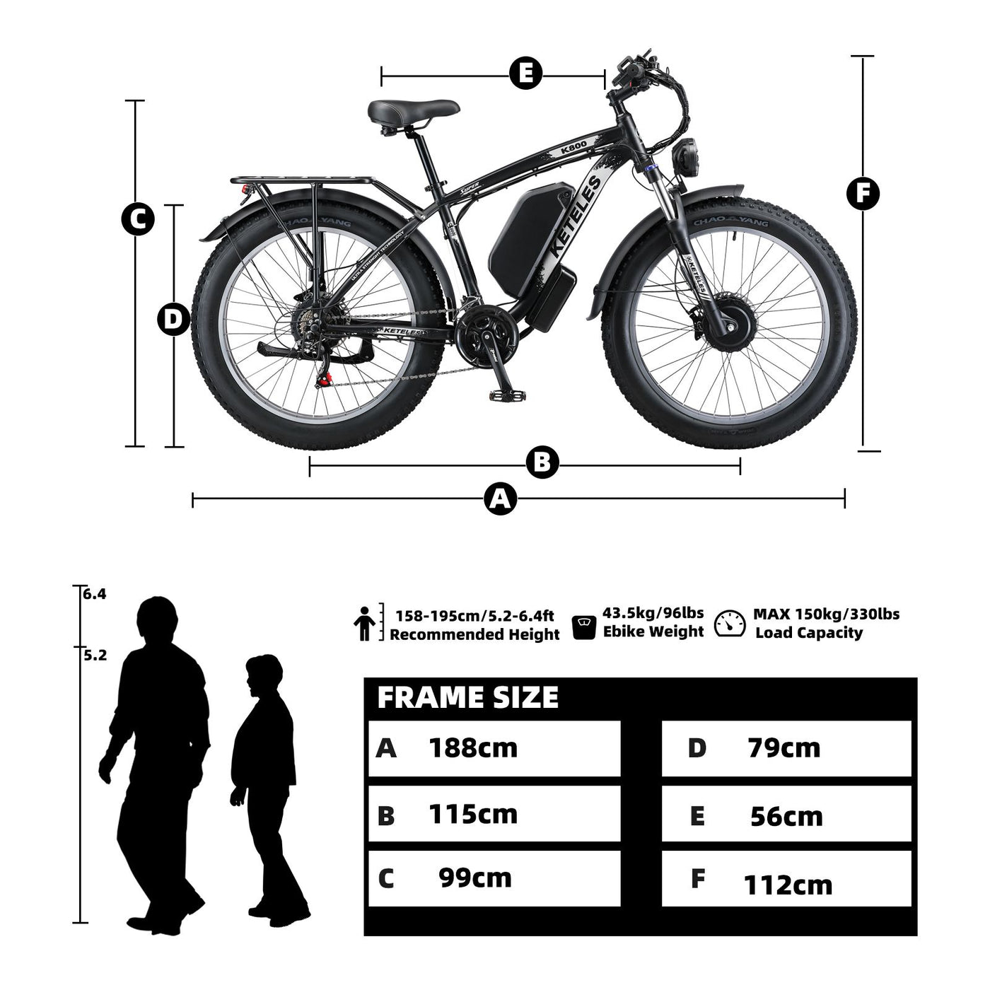 Electric Bike KETELES 48V 23AH Dual Motor 1000W*2 26"*4.0 MTB