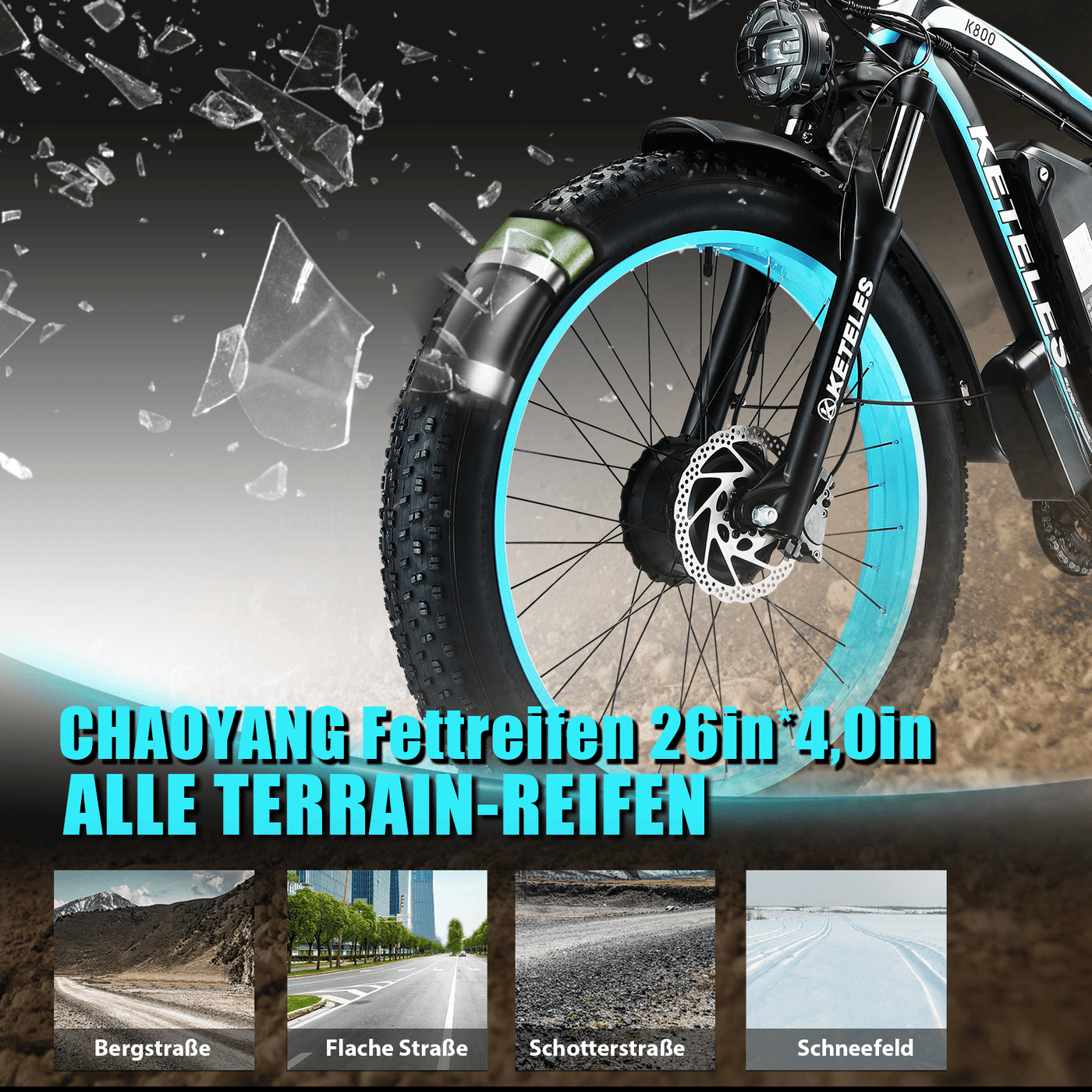 Electric Bike KETELES 48V 23AH Dual Motor 1000W*2 26"*4.0 MTB