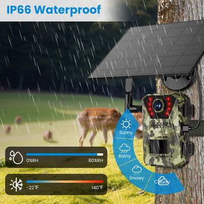 4G 4K 30FPS Solar Trail Camera Outdoor Wildlife Camera Motion Activated IP66 Waterproof with 140ºViewing Angle No Glow Night Vision SIM Card APP Control No WiFi Needed