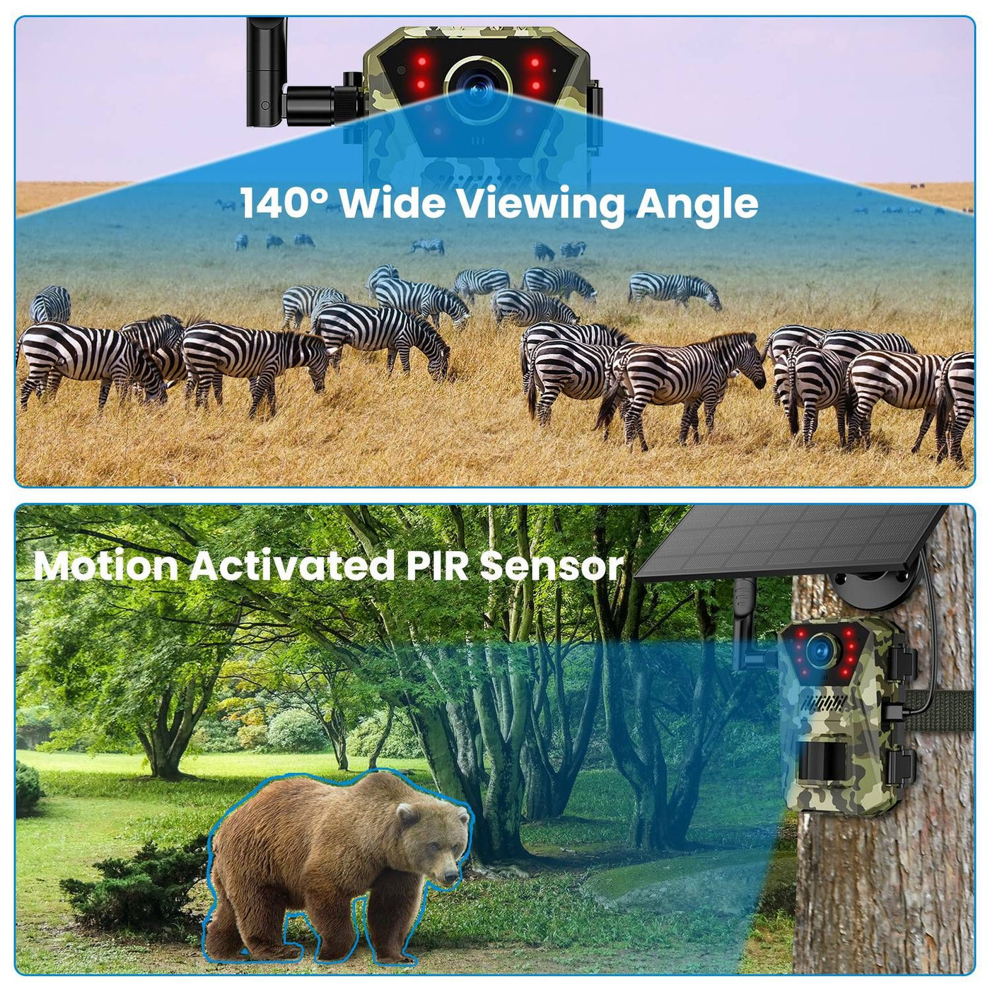 4G 4K 30FPS Solar Trail Camera Outdoor Wildlife Camera Motion Activated IP66 Waterproof with 140ºViewing Angle No Glow Night Vision SIM Card APP Control No WiFi Needed