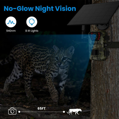 4G 4K 30FPS Solar Trail Camera Outdoor Wildlife Camera Motion Activated IP66 Waterproof with 140ºViewing Angle No Glow Night Vision SIM Card APP Control No WiFi Needed