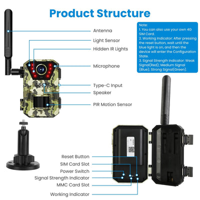 4G 4K 30FPS Solar Trail Camera Outdoor Wildlife Camera Motion Activated IP66 Waterproof with 140ºViewing Angle No Glow Night Vision SIM Card APP Control No WiFi Needed