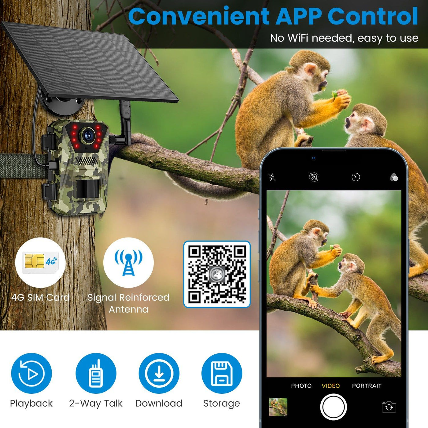 4G 4K 30FPS Solar Trail Camera Outdoor Wildlife Camera Motion Activated IP66 Waterproof with 140ºViewing Angle No Glow Night Vision SIM Card APP Control No WiFi Needed