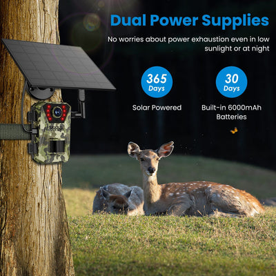 4G 4K 30FPS Solar Trail Camera Outdoor Wildlife Camera Motion Activated IP66 Waterproof with 140ºViewing Angle No Glow Night Vision SIM Card APP Control No WiFi Needed