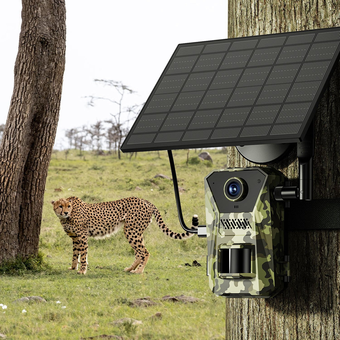 4G 4K 30FPS Solar Trail Camera Outdoor Wildlife Camera Motion Activated IP66 Waterproof with 140ºViewing Angle No Glow Night Vision SIM Card APP Control No WiFi Needed