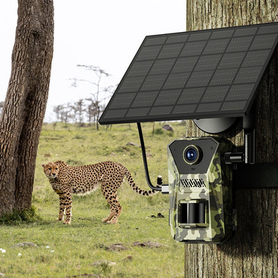 4G 4K 30FPS Solar Trail Camera Outdoor Wildlife Camera Motion Activated IP66 Waterproof with 140ºViewing Angle No Glow Night Vision SIM Card APP Control No WiFi Needed